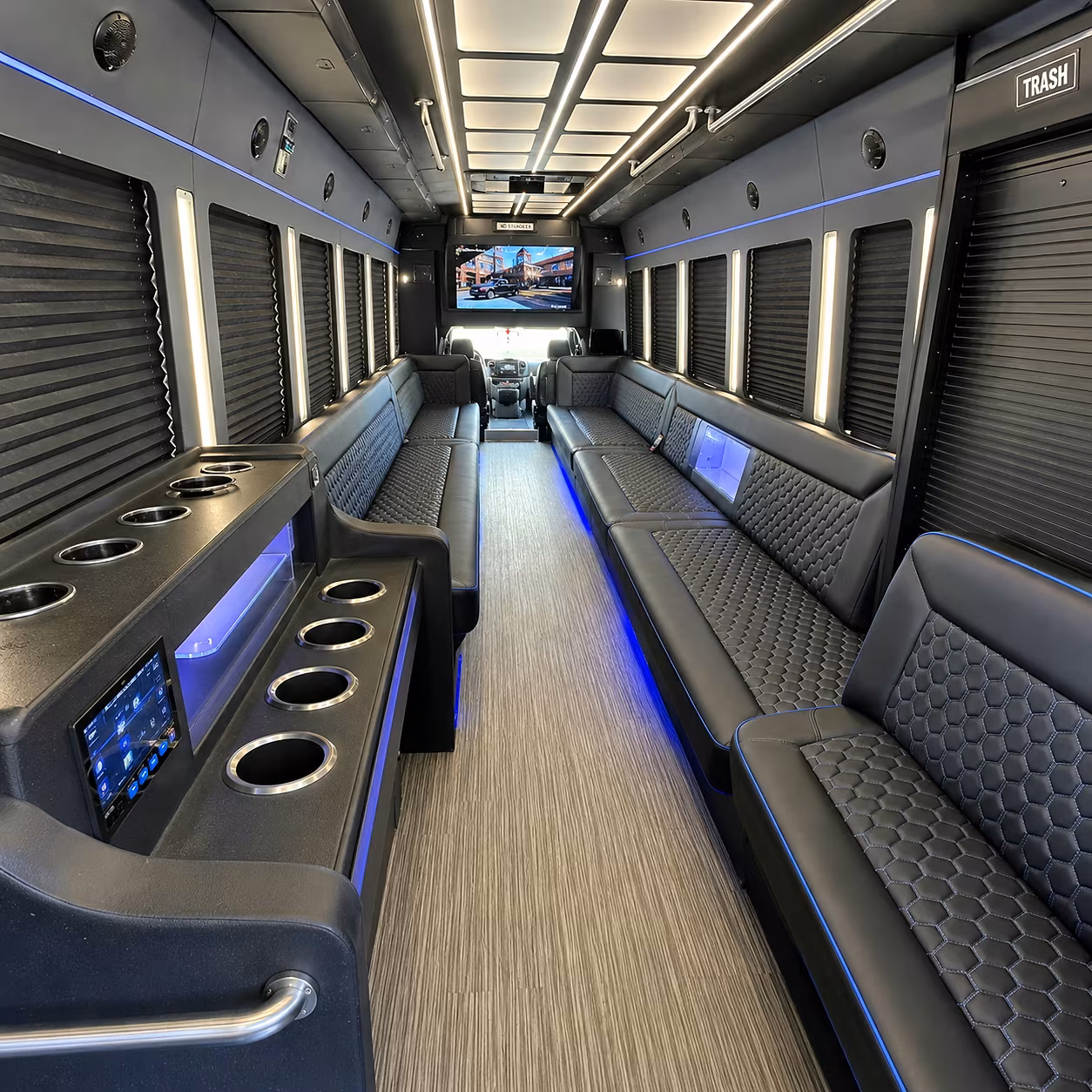 Passenger seating aboard a party bus rental serving Olathe