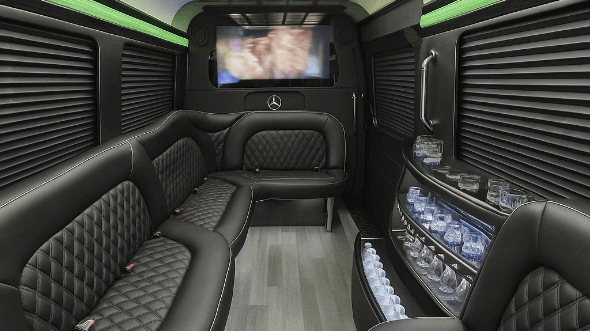 Interior of Charter Bus Company Independence's 14 Passenger Sprinter Limousine in Independence